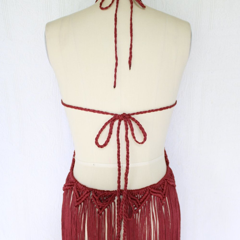 Vintage 60s hippie MACRAME crochet halter tunic dress fringe beaded Free People - Picture 10 of 11